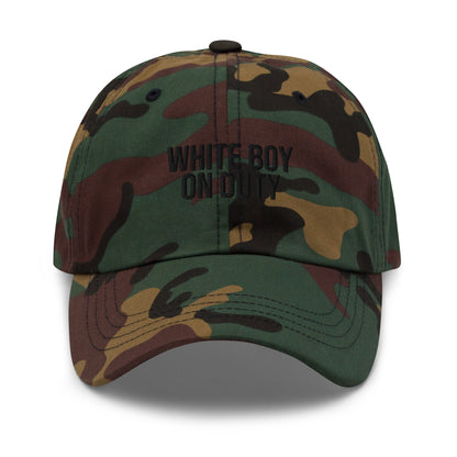 White Boy On Duty embroidered baseball cap in Green Camo with black embroidery by White Boy Summer