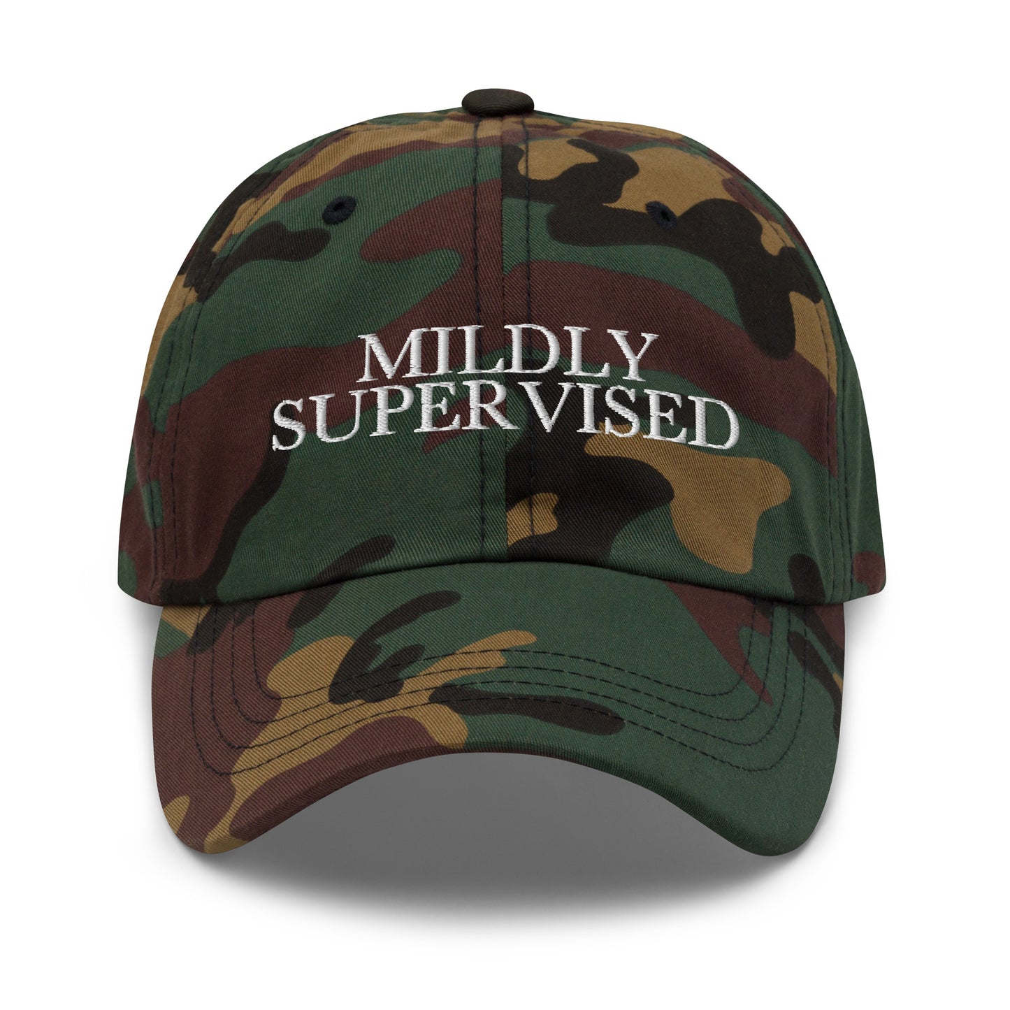 Mildly Supervised embroidered baseball cap in Green Camo with white embroidery by White Boy Summer