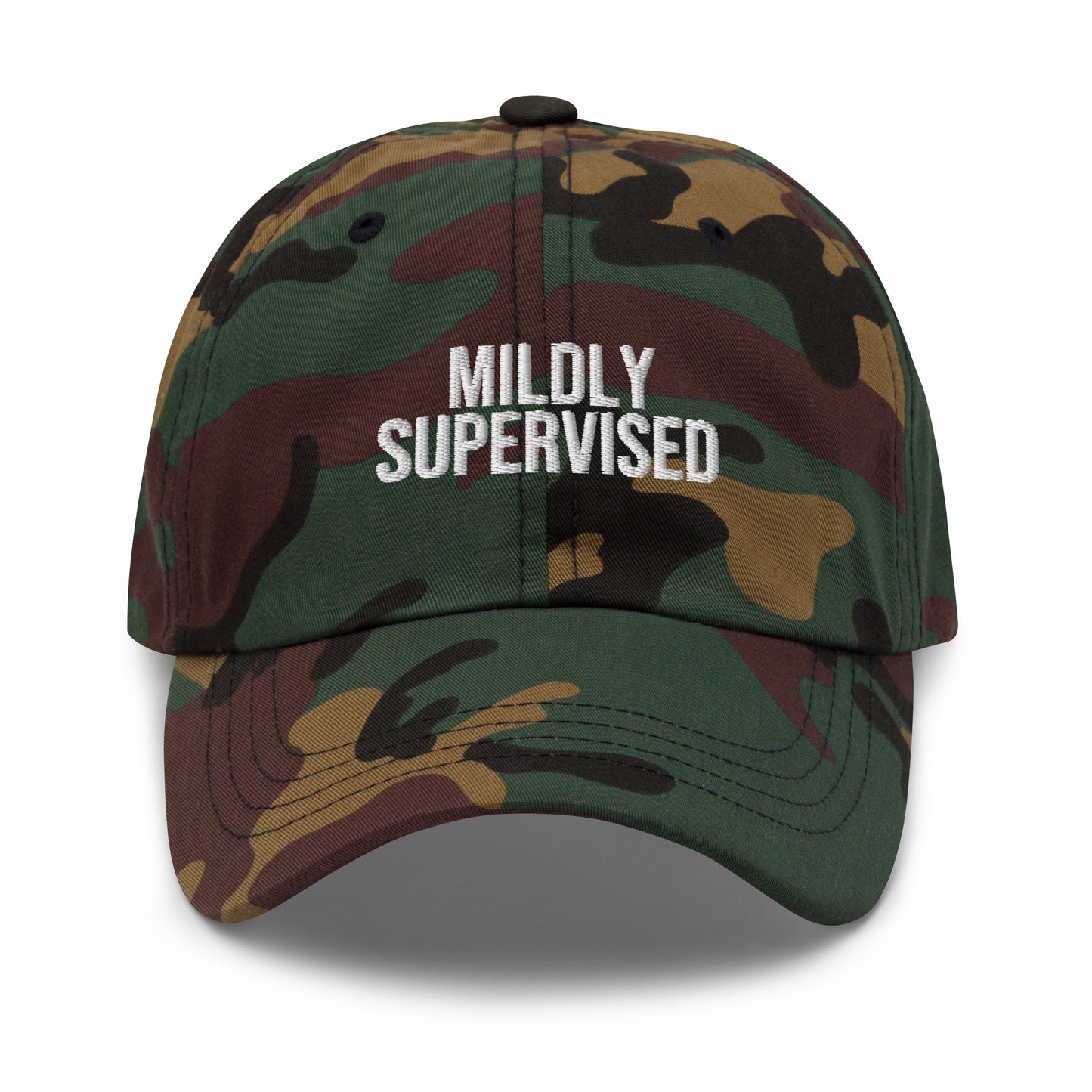 Mildly Supervised embroidered baseball cap in Green Camo with white embroidery by White Boy Summer