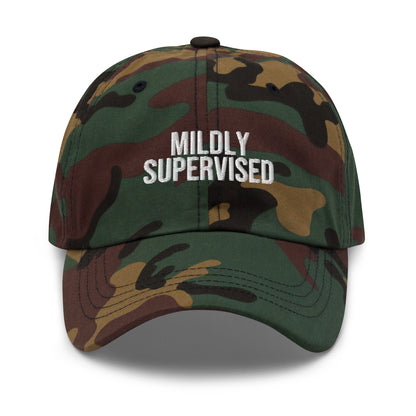 Mildly Supervised embroidered baseball cap in Green Camo with white embroidery by White Boy Summer