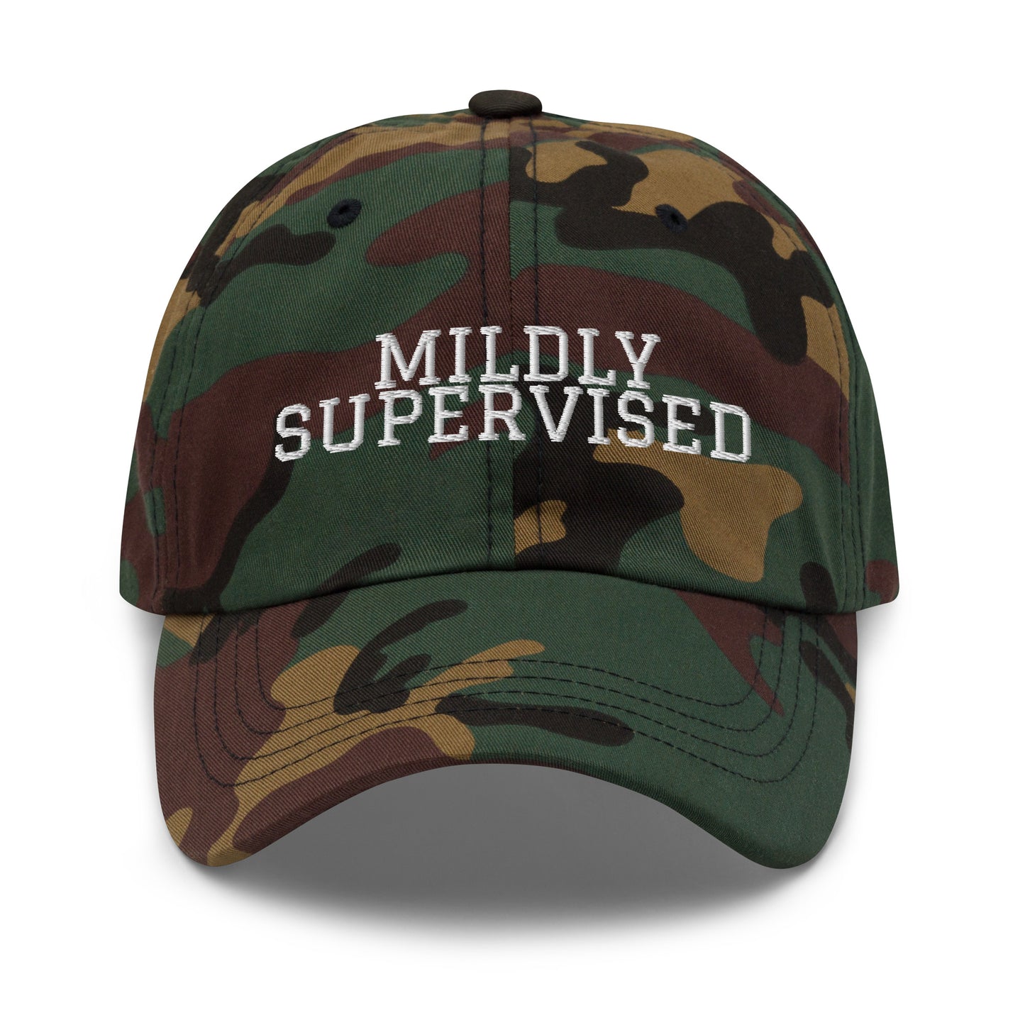 Mildly Supervised embroidered baseball cap in Green Camo with white embroidery by White Boy Summer