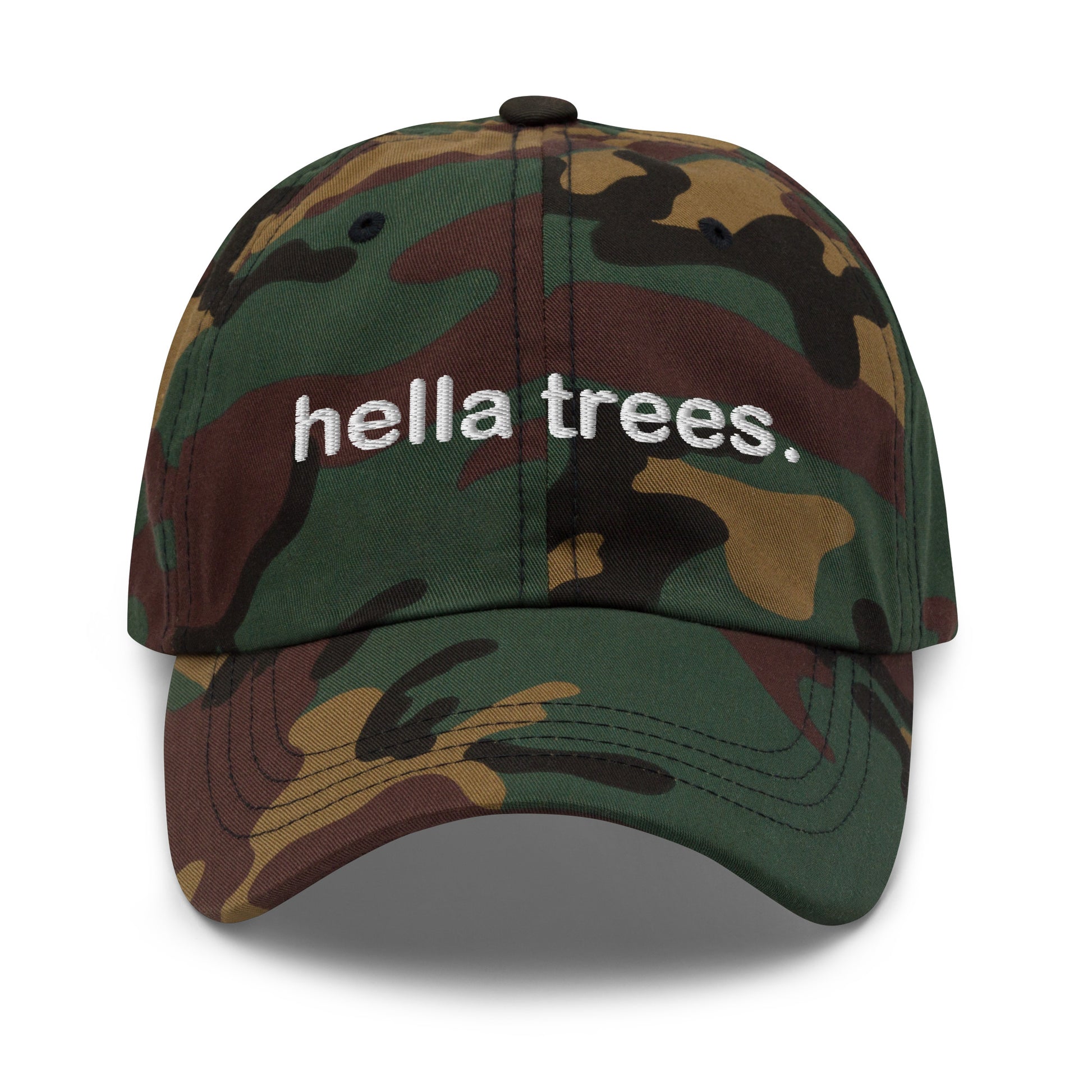 Hella Trees embroidered baseball cap in Green Camo with white embroidery by White Boy Summer