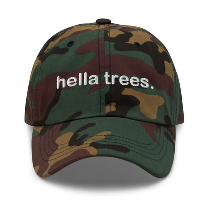 Hella Trees embroidered baseball cap in Green Camo with white embroidery by White Boy Summer