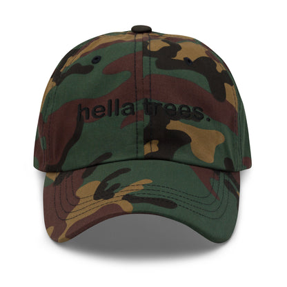 Hella Trees embroidered baseball cap in Green Camo with black embroidery by White Boy Summer