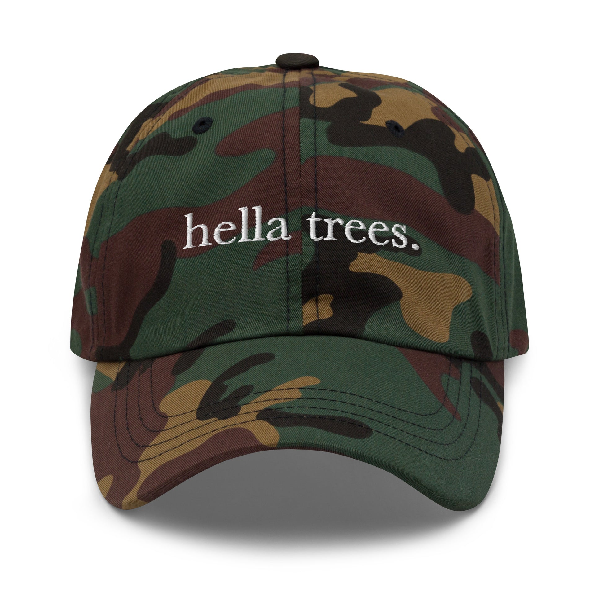 Hella Trees embroidered baseball cap in Green Camo with white embroidery by White Boy Summer