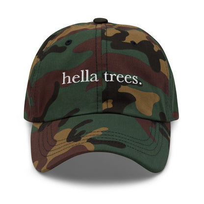 Hella Trees embroidered baseball cap in Green Camo with white embroidery by White Boy Summer