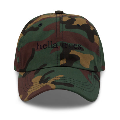 Hella Trees embroidered baseball cap in Green Camo with black embroidery by White Boy Summer