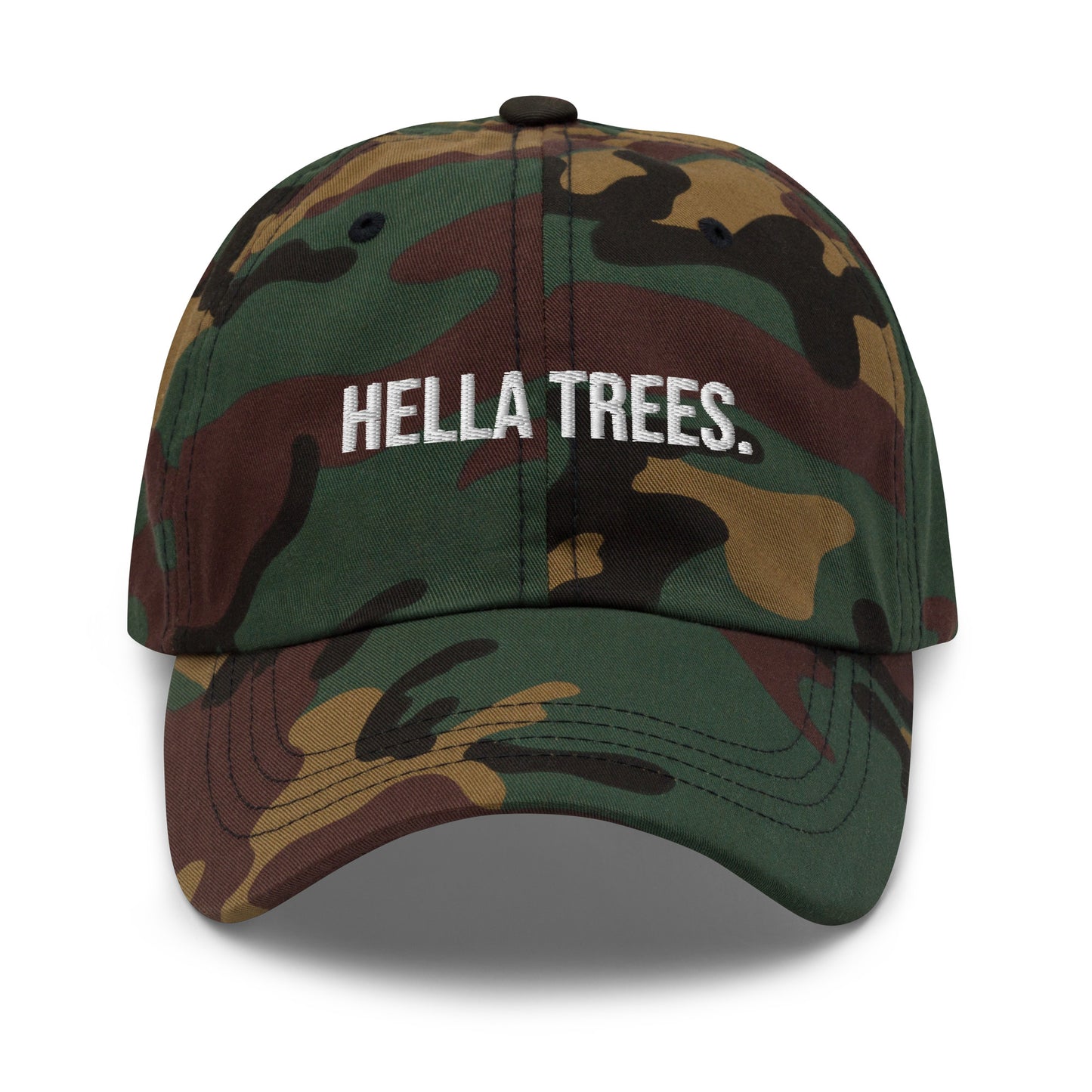 Hella Trees embroidered baseball cap in Green Camo with white embroidery by White Boy Summer