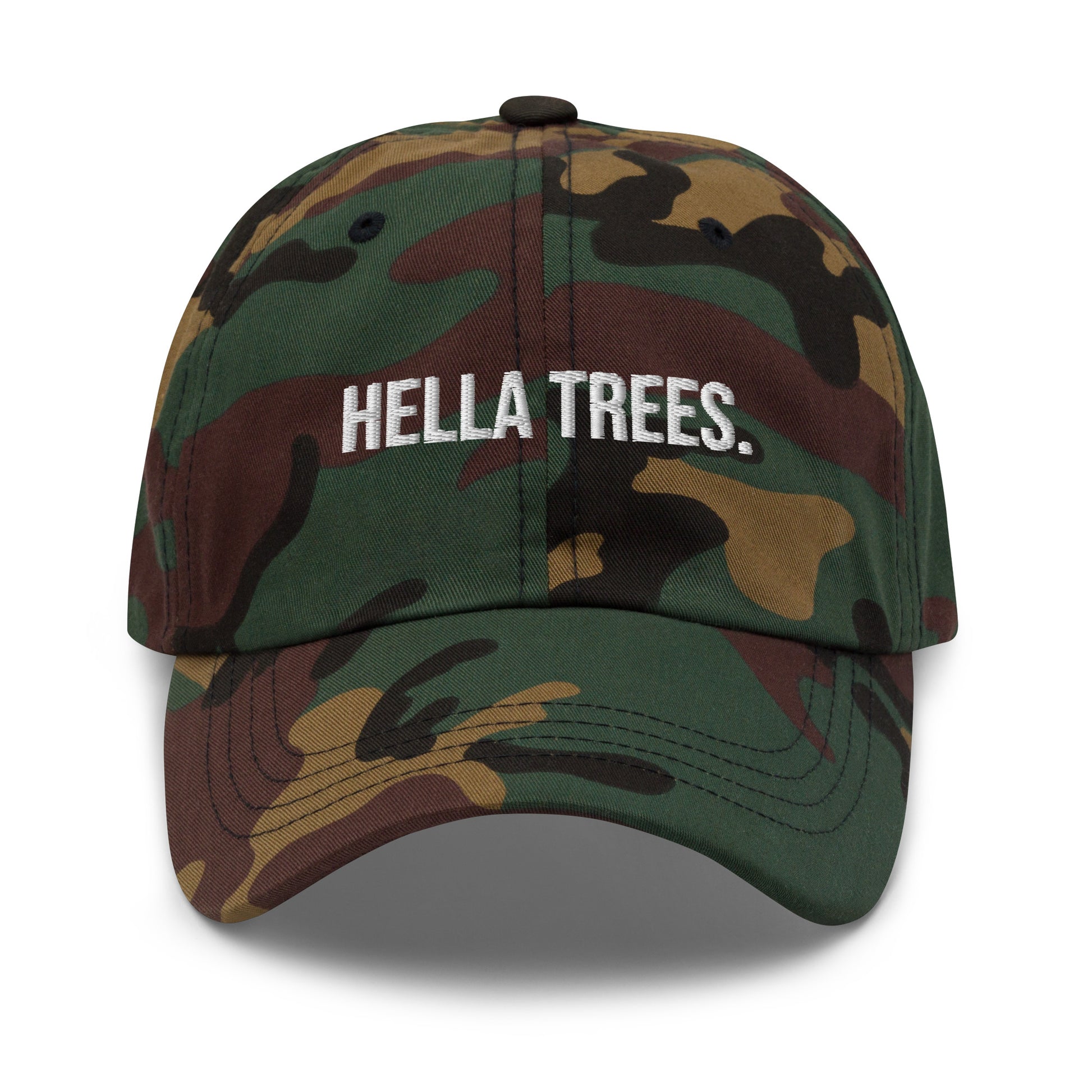 Hella Trees embroidered baseball cap in Green Camo with white embroidery by White Boy Summer