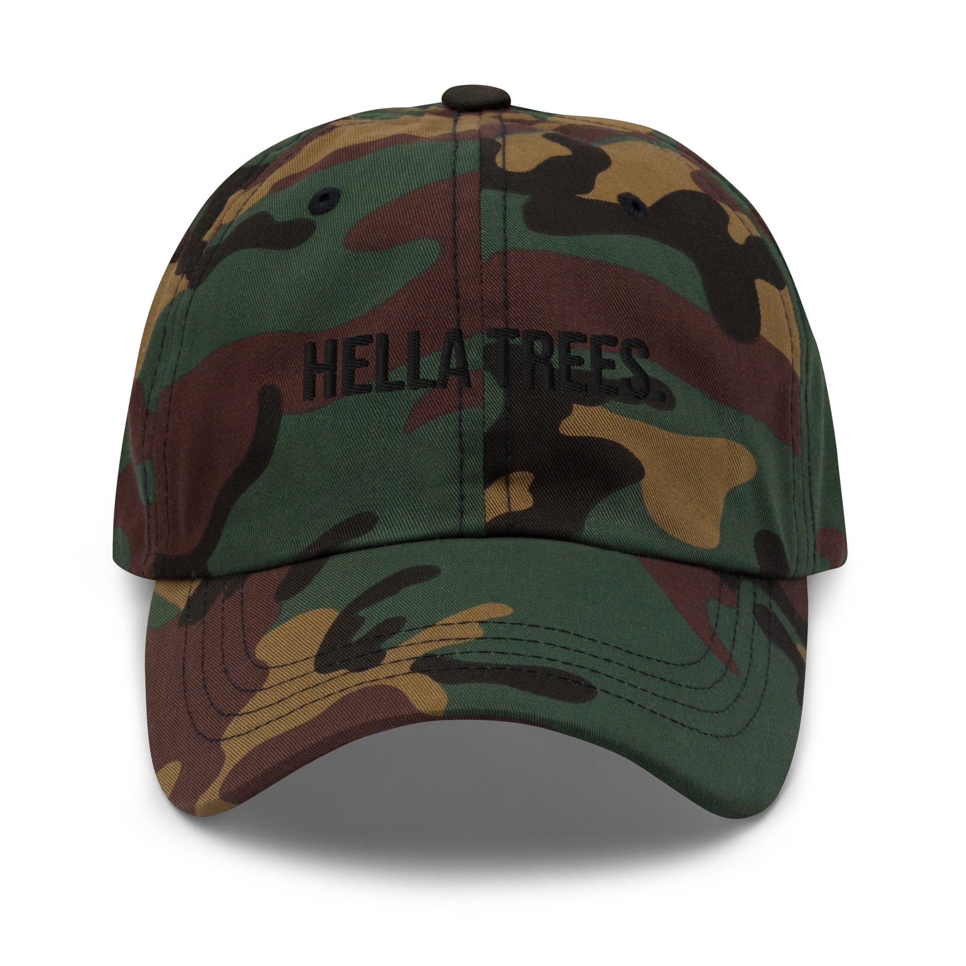Hella Trees embroidered baseball cap in Green Camo with black embroidery by White Boy Summer