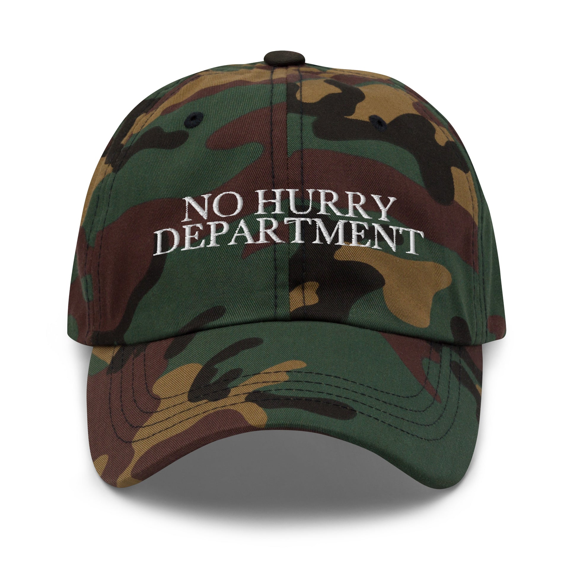 No Hurry Department embroidered baseball cap in Green Camo with white embroidery by White Boy Summer