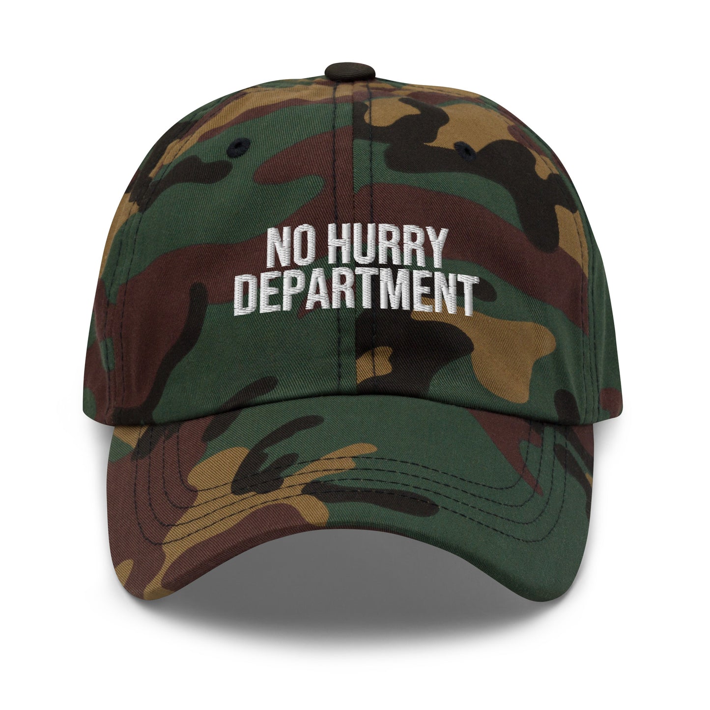 No Hurry Department embroidered baseball cap in Green Camo with white embroidery by White Boy Summer
