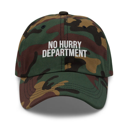 No Hurry Department embroidered baseball cap in Green Camo with white embroidery by White Boy Summer