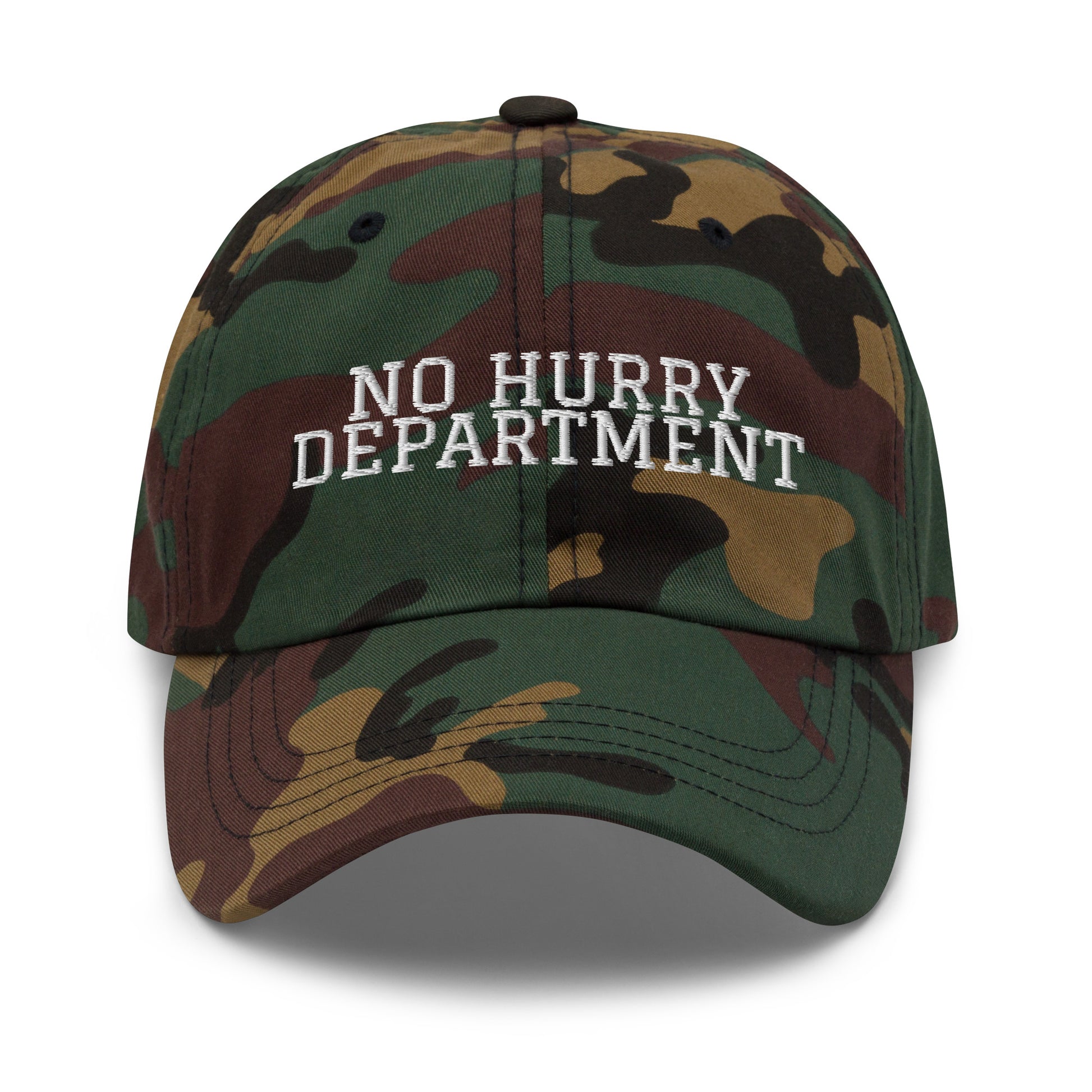 No Hurry Department embroidered baseball cap in Green Camo with white embroidery by White Boy Summer