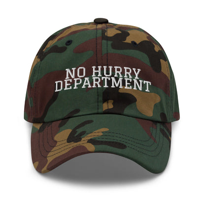 No Hurry Department embroidered baseball cap in Green Camo with white embroidery by White Boy Summer