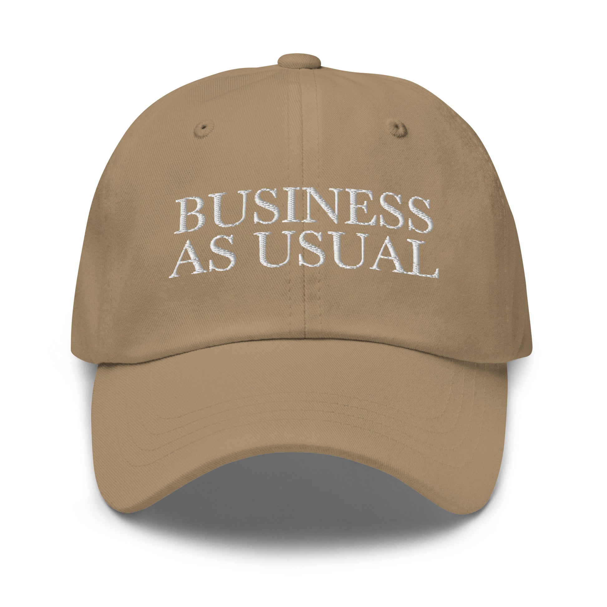 BUSINESS AS USUAL Khaki front cap mockup