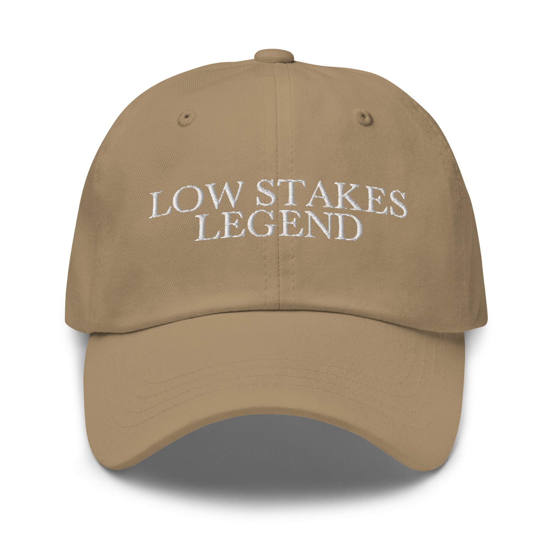 Low Stakes Legend embroidered baseball cap in Khaki with white embroidery by White Boy Summer