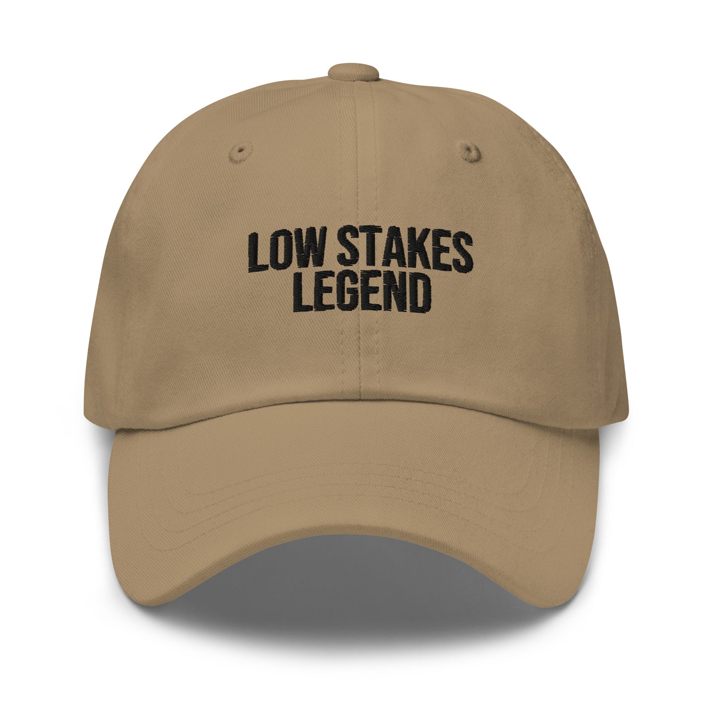 Low Stakes Legend embroidered baseball cap in Khaki with black embroidery by White Boy Summer