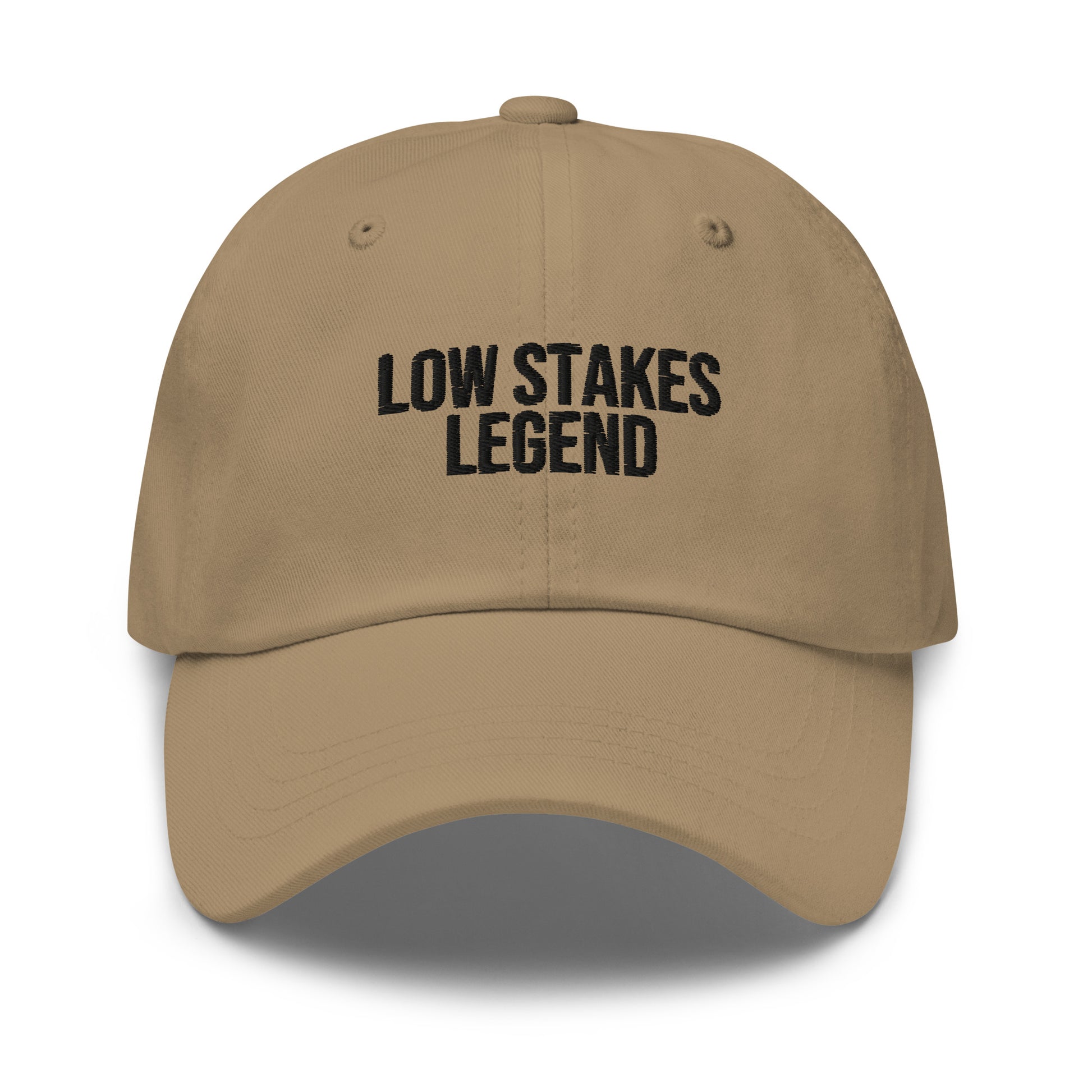 Low Stakes Legend embroidered baseball cap in Khaki with black embroidery by White Boy Summer