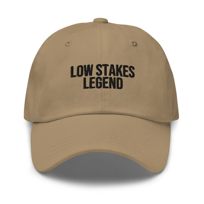 Low Stakes Legend embroidered baseball cap in Khaki with black embroidery by White Boy Summer