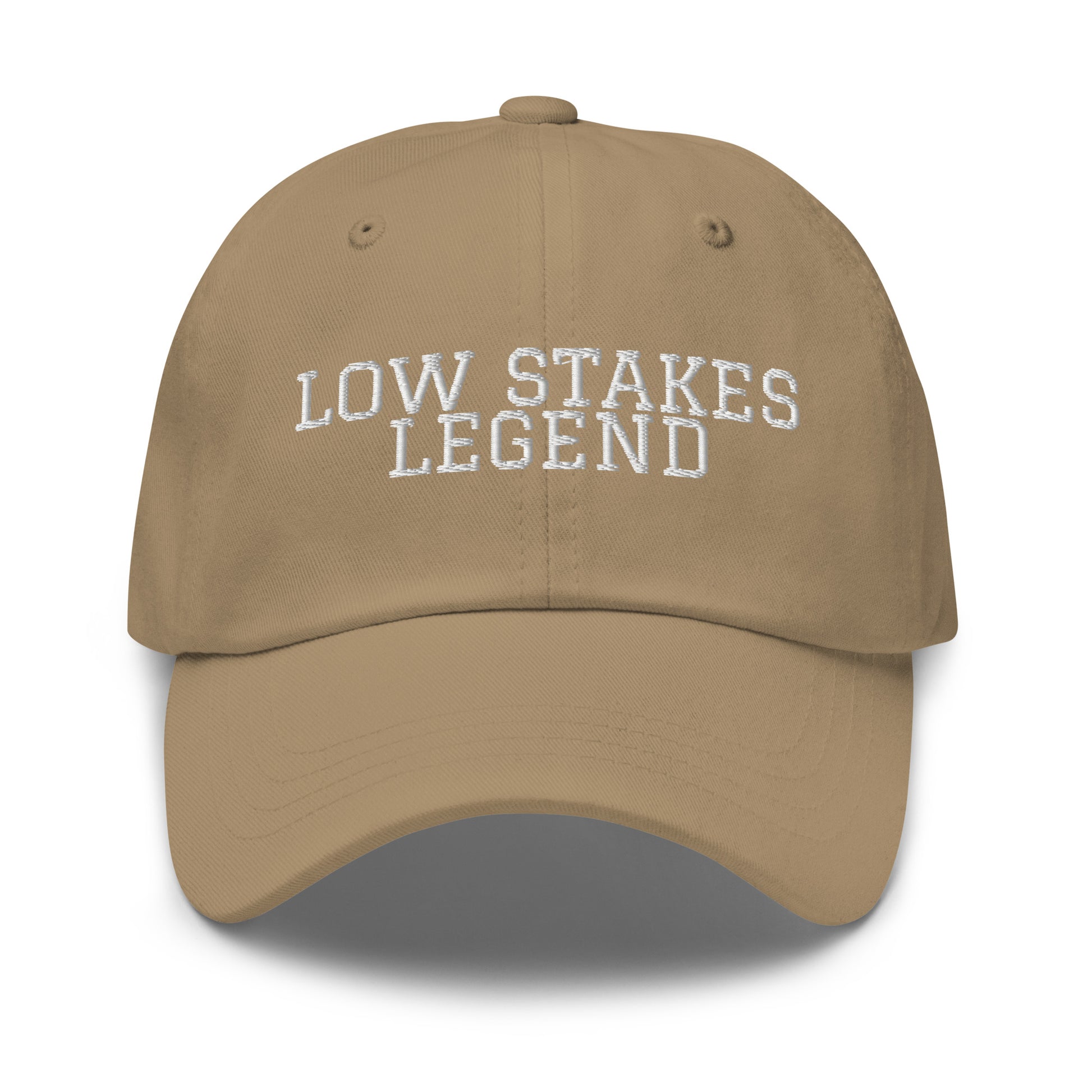Low Stakes Legend embroidered baseball cap in Khaki with white embroidery by White Boy Summer