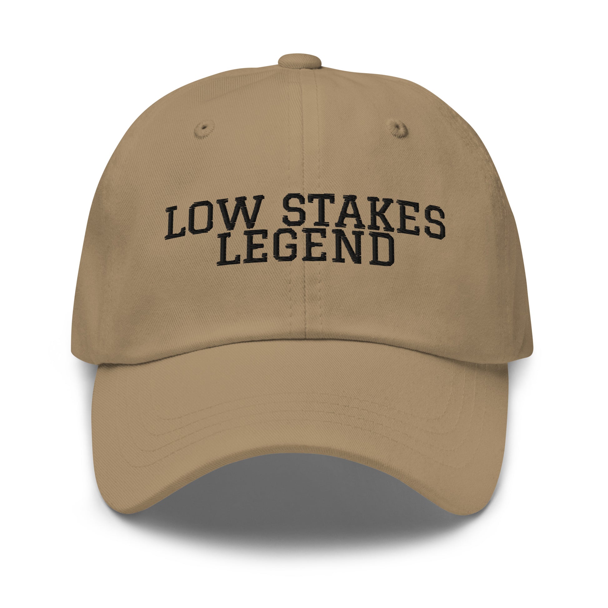 Low Stakes Legend embroidered baseball cap in Khaki with black embroidery by White Boy Summer