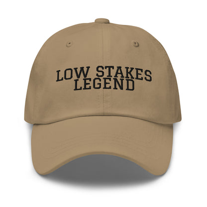 Low Stakes Legend embroidered baseball cap in Khaki with black embroidery by White Boy Summer