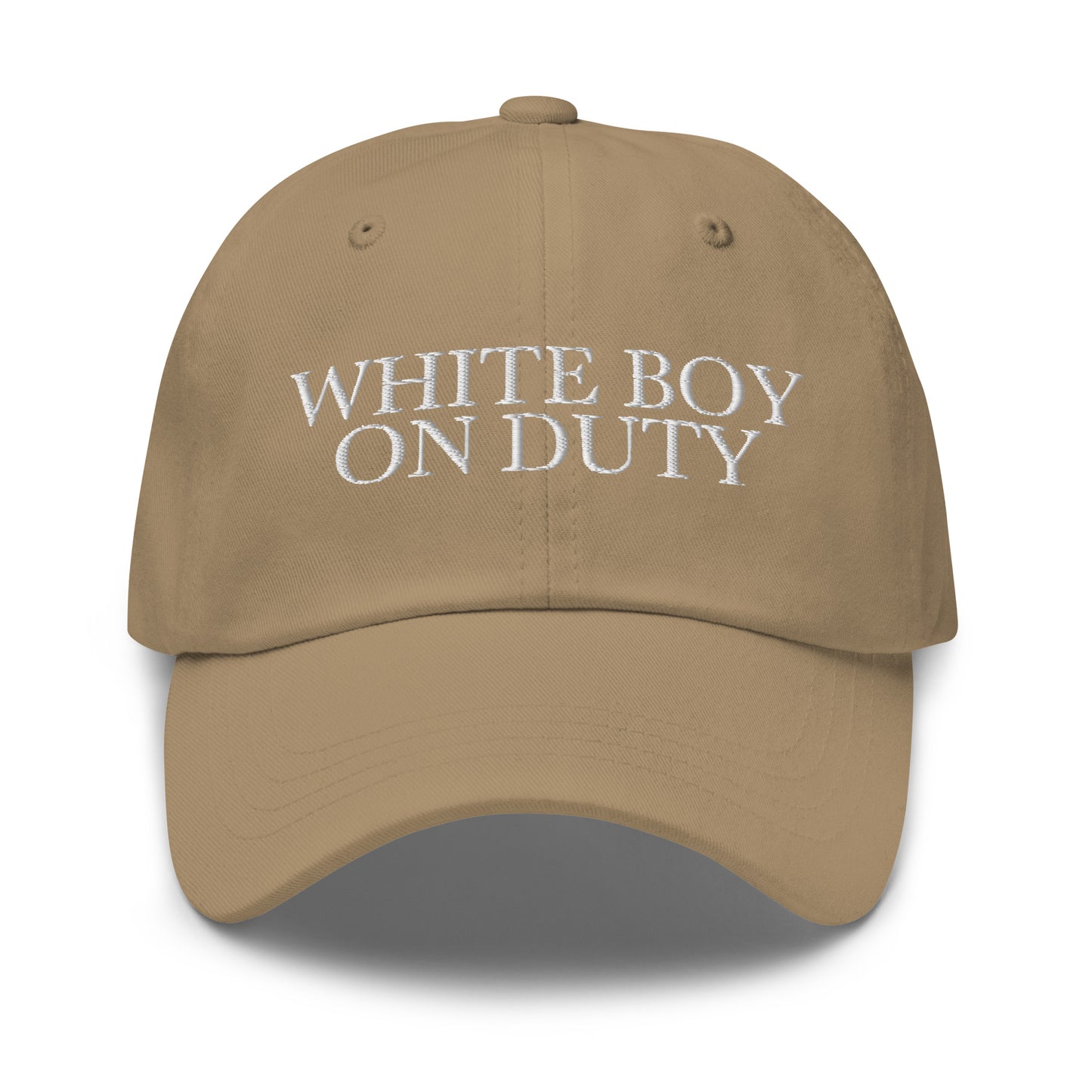 White Boy On Duty embroidered baseball cap in Khaki with white embroidery by White Boy Summer