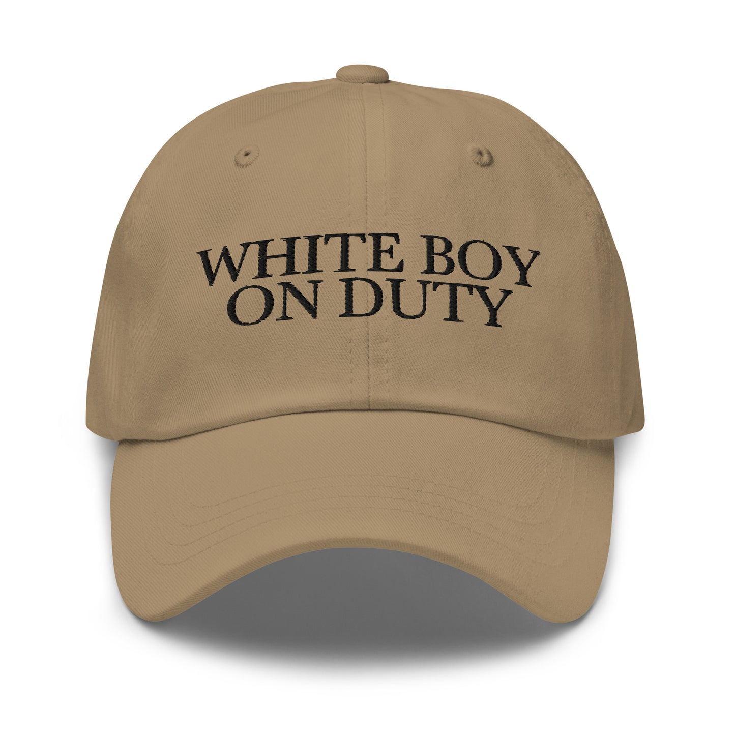 White Boy On Duty embroidered baseball cap in Khaki with black embroidery by White Boy Summer