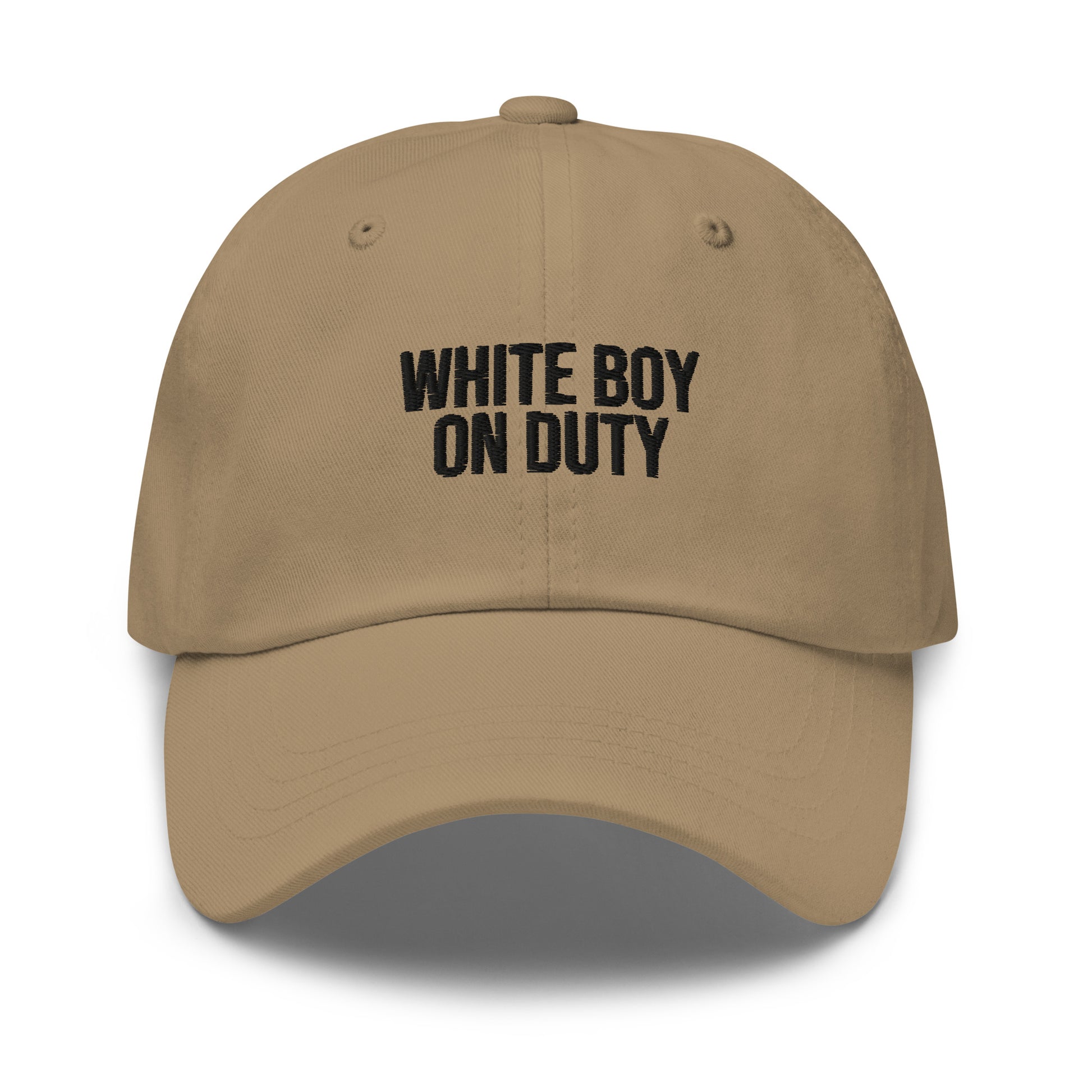White Boy On Duty embroidered baseball cap in Khaki with black embroidery by White Boy Summer