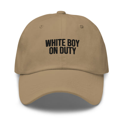 White Boy On Duty embroidered baseball cap in Khaki with black embroidery by White Boy Summer