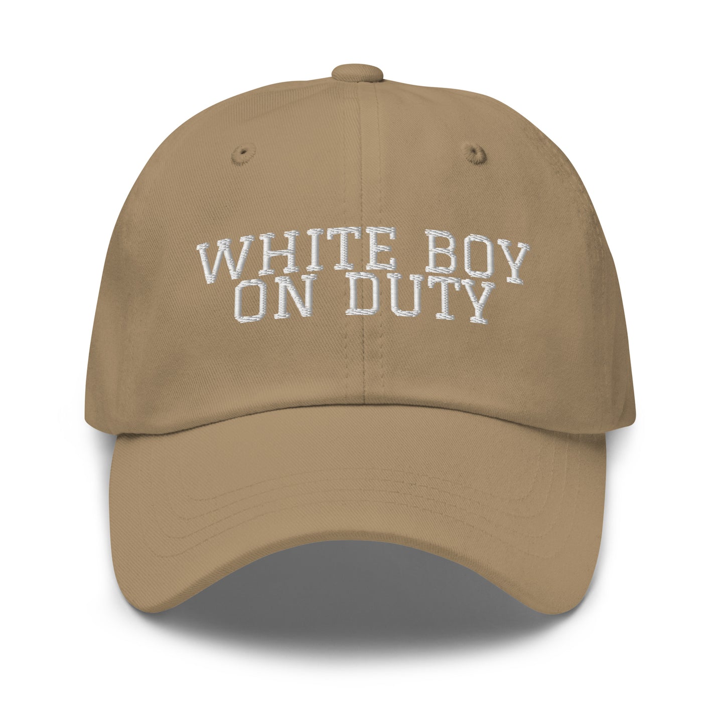 White Boy On Duty embroidered baseball cap in Khaki with white embroidery by White Boy Summer