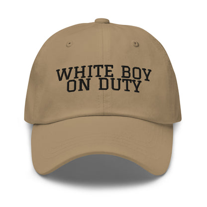 White Boy On Duty embroidered baseball cap in Khaki with black embroidery by White Boy Summer