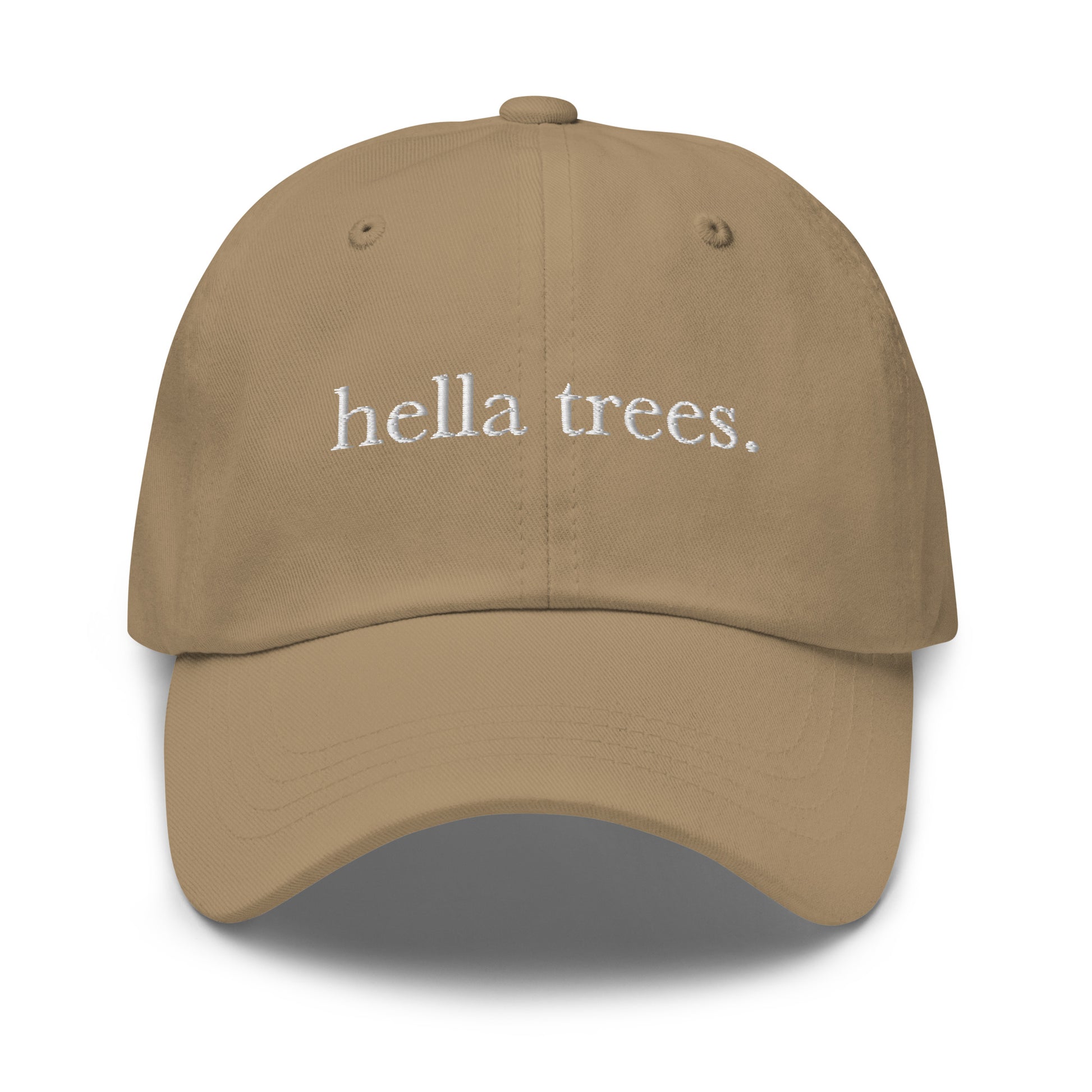 Hella Trees embroidered baseball cap in Khaki with white embroidery by White Boy Summer