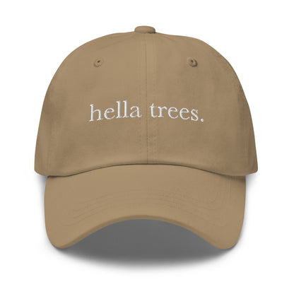 Hella Trees embroidered baseball cap in Khaki with white embroidery by White Boy Summer