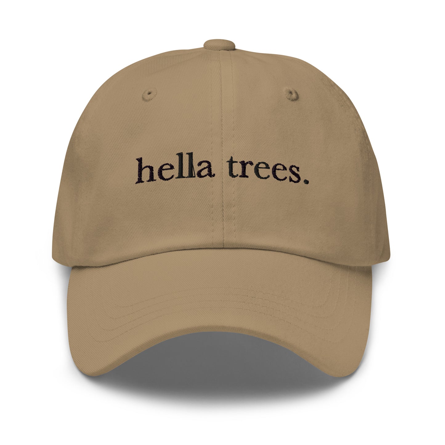 Hella Trees embroidered baseball cap in Khaki with black embroidery by White Boy Summer