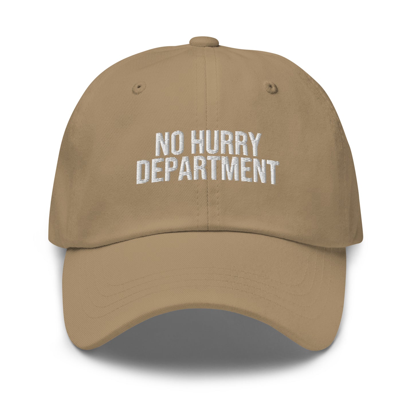 No Hurry Department embroidered baseball cap in Khaki with white embroidery by White Boy Summer