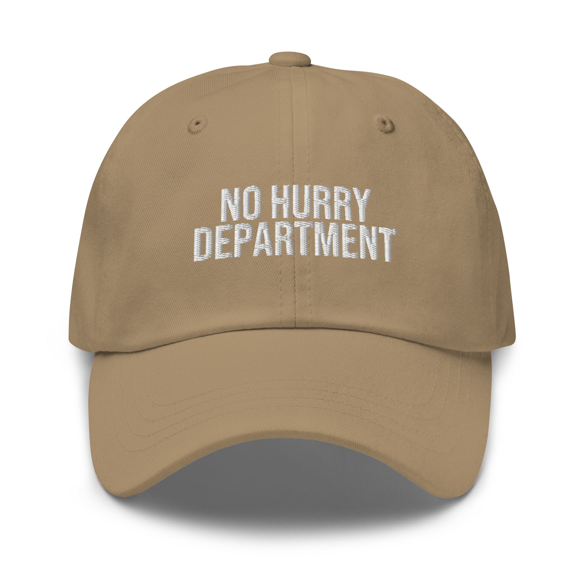 No Hurry Department embroidered baseball cap in Khaki with white embroidery by White Boy Summer