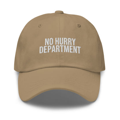 No Hurry Department embroidered baseball cap in Khaki with white embroidery by White Boy Summer
