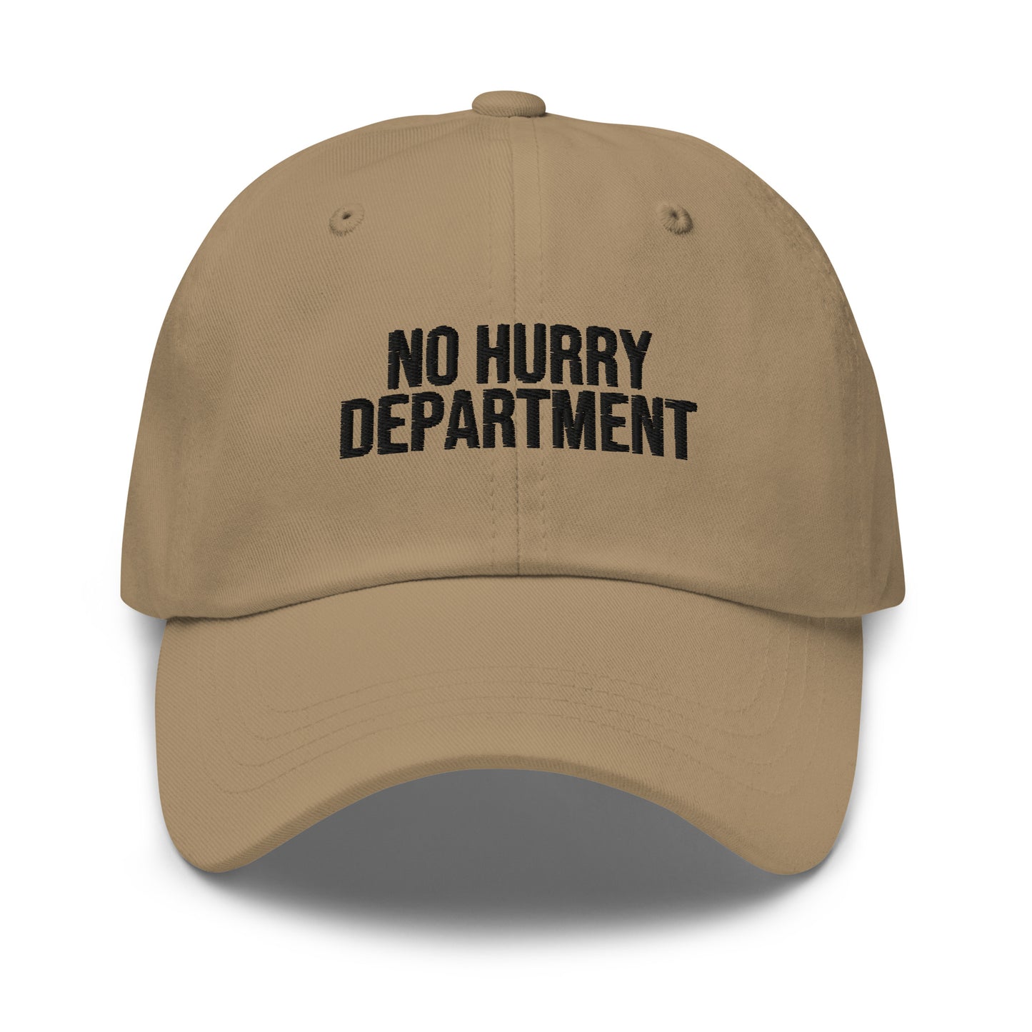 No Hurry Department embroidered baseball cap in Khaki with black embroidery by White Boy Summer