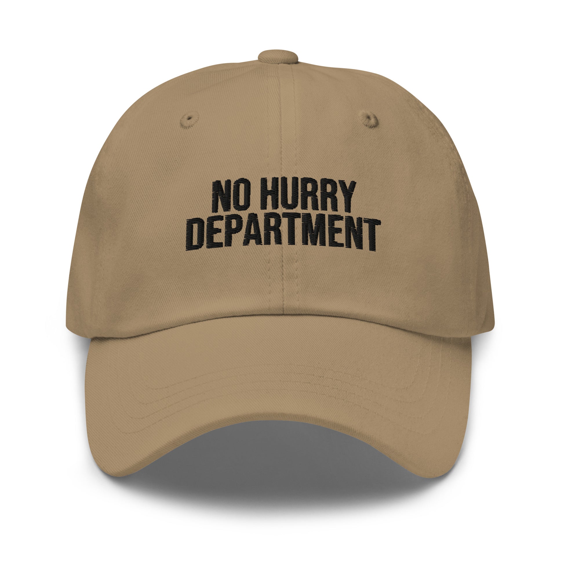 No Hurry Department embroidered baseball cap in Khaki with black embroidery by White Boy Summer