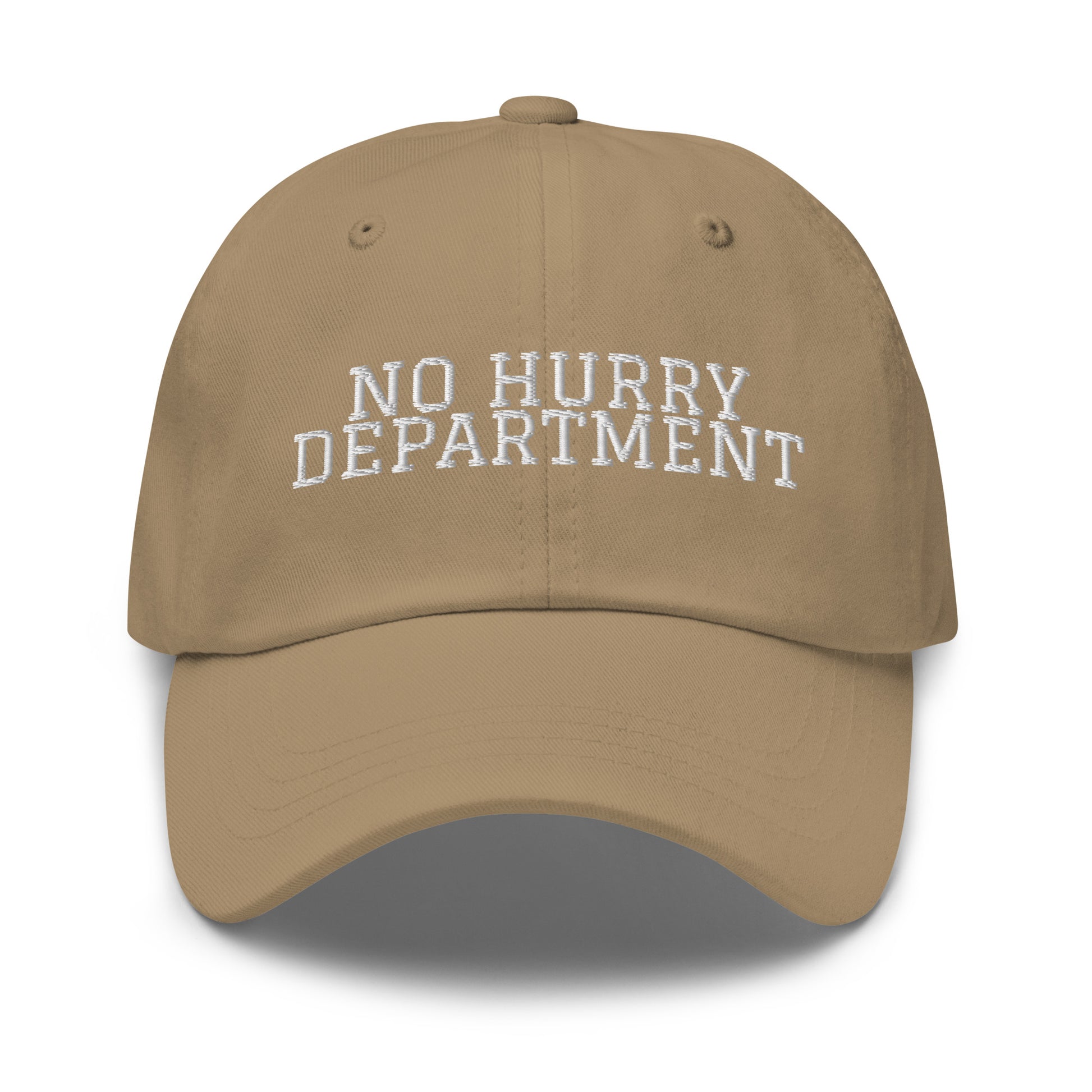 No Hurry Department embroidered baseball cap in Khaki with white embroidery by White Boy Summer