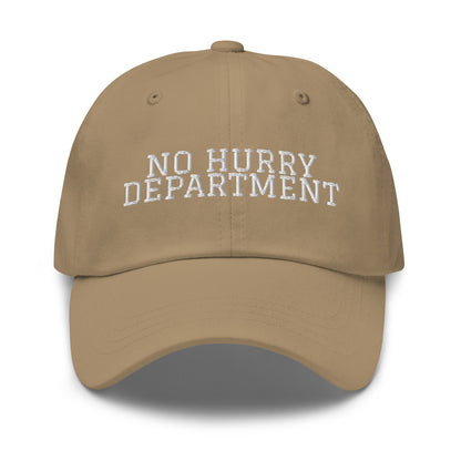 No Hurry Department embroidered baseball cap in Khaki with white embroidery by White Boy Summer