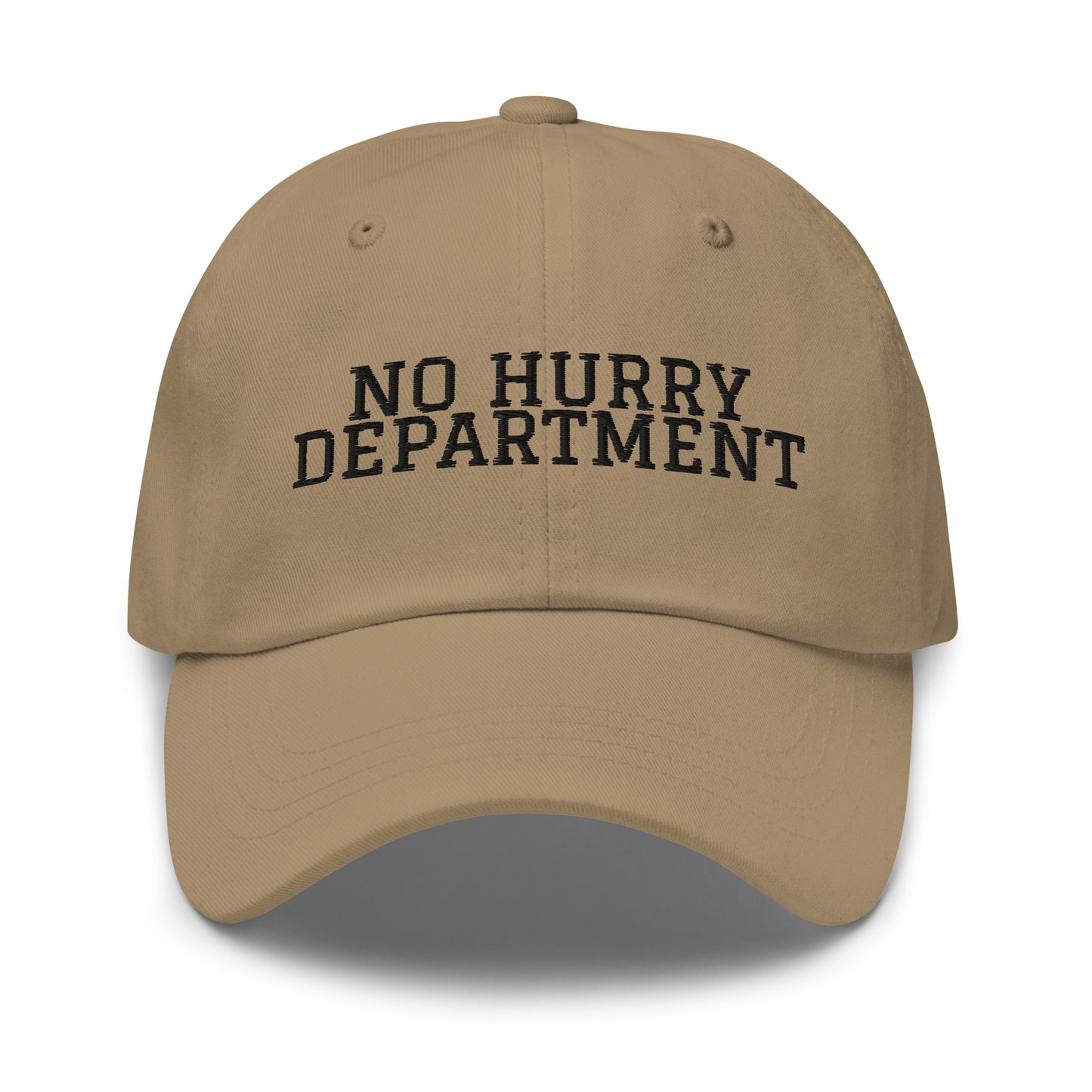 No Hurry Department embroidered baseball cap in Khaki with black embroidery by White Boy Summer