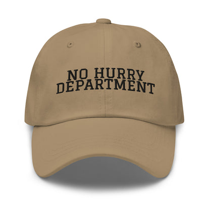 No Hurry Department embroidered baseball cap in Khaki with black embroidery by White Boy Summer