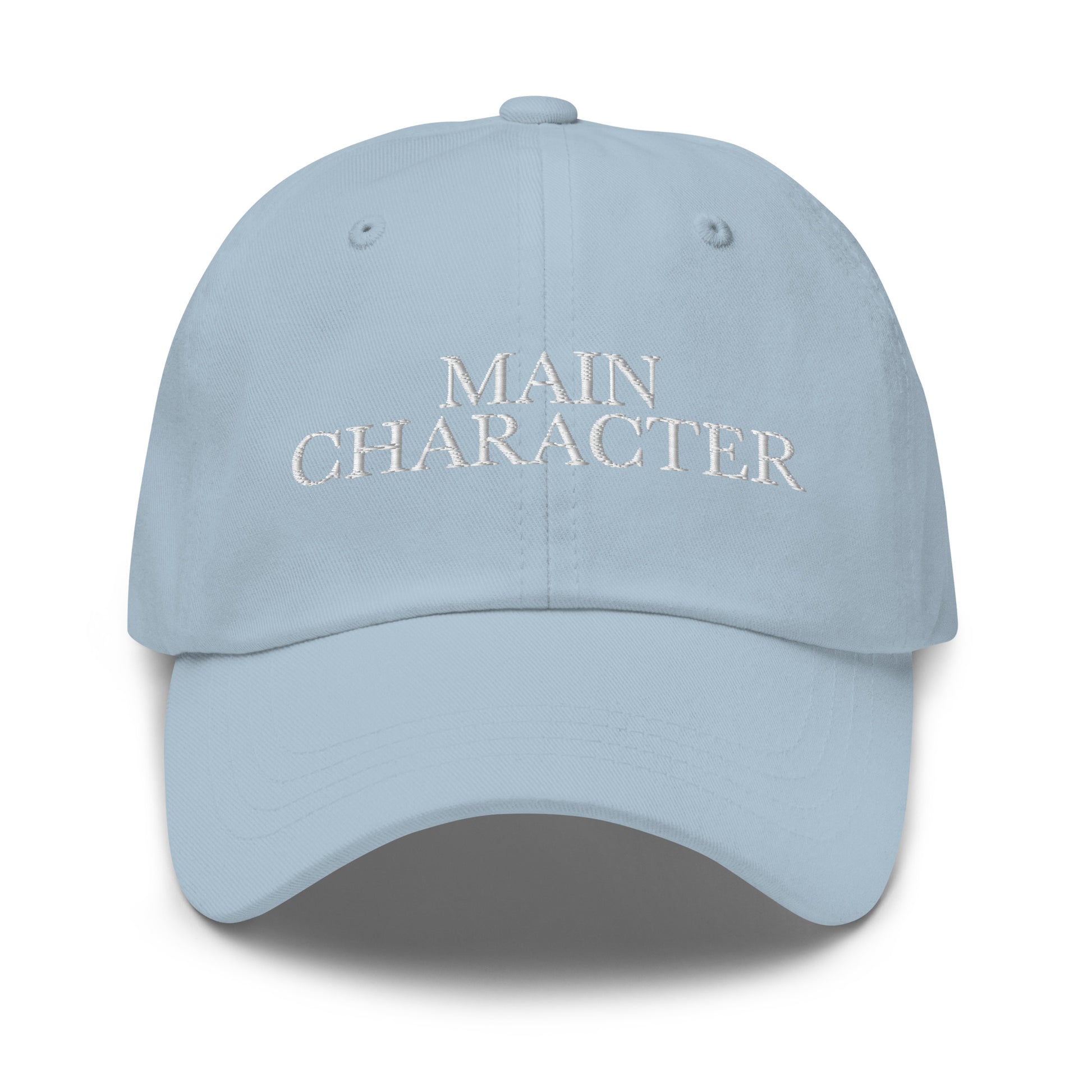 Main Character embroidered baseball cap in Light Blue with white embroidery by White Boy Summer