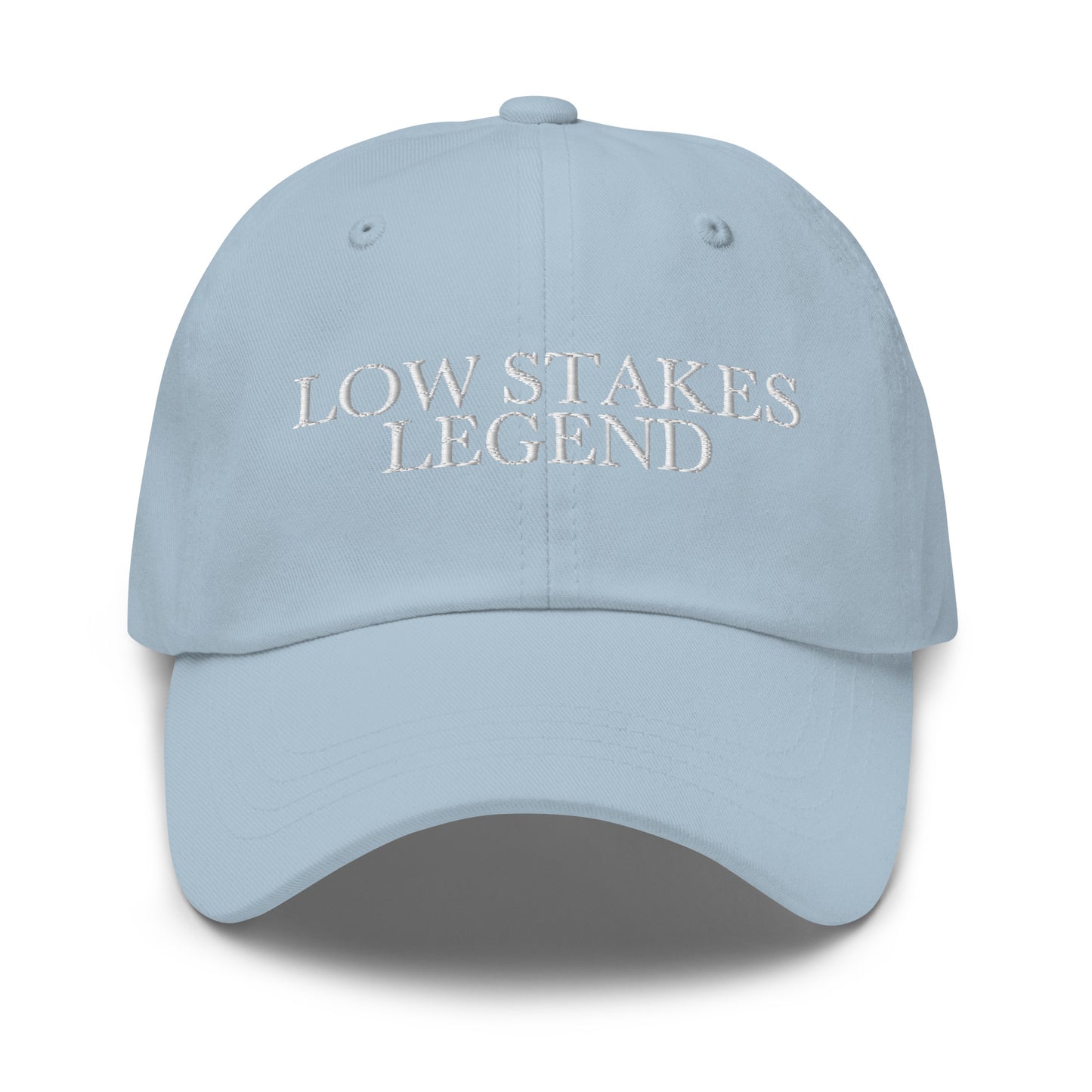 Low Stakes Legend embroidered baseball cap in Light Blue with white embroidery by White Boy Summer