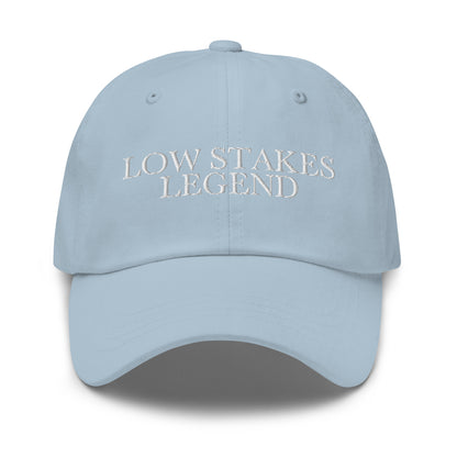 Low Stakes Legend embroidered baseball cap in Light Blue with white embroidery by White Boy Summer