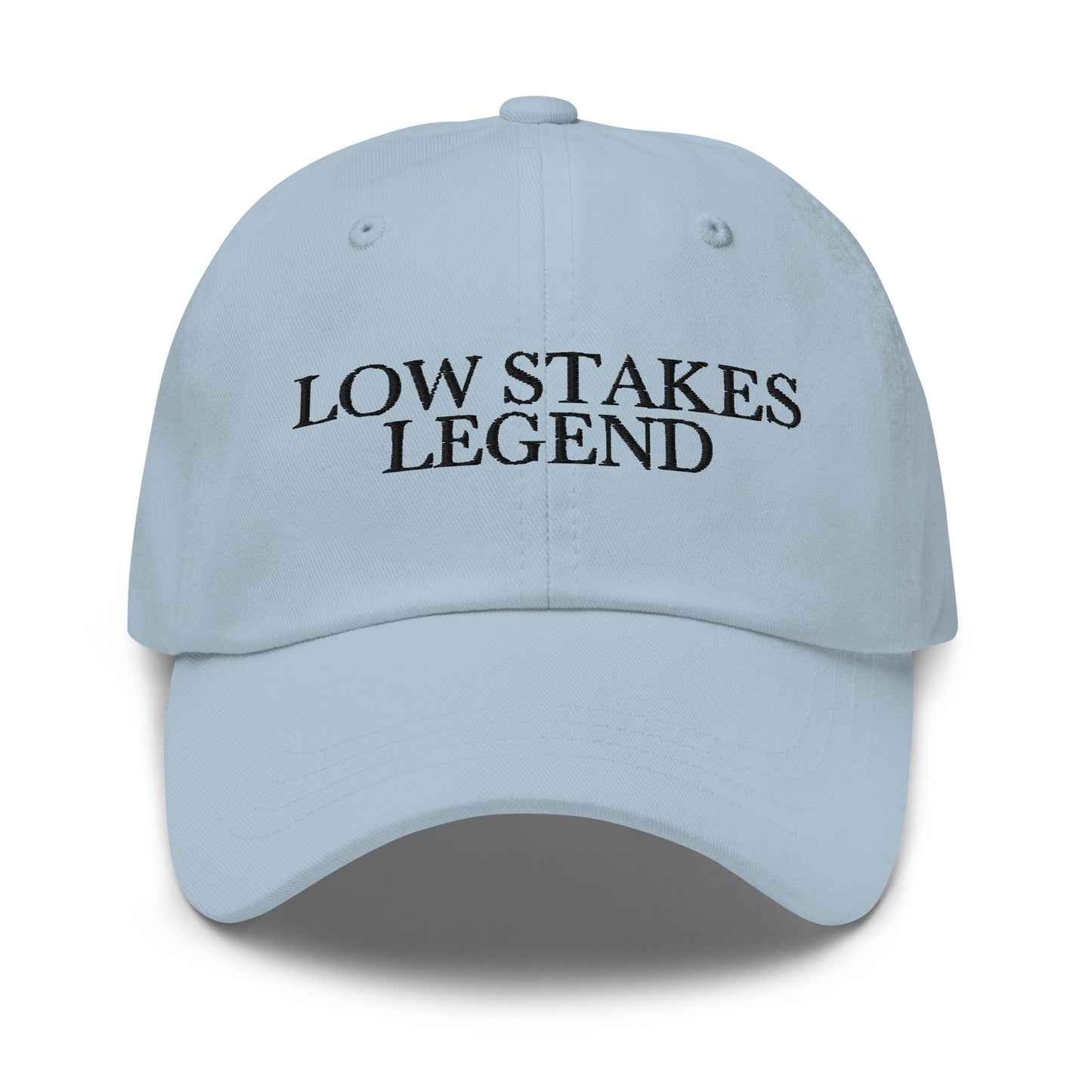 Low Stakes Legend embroidered baseball cap in Light Blue with black embroidery by White Boy Summer