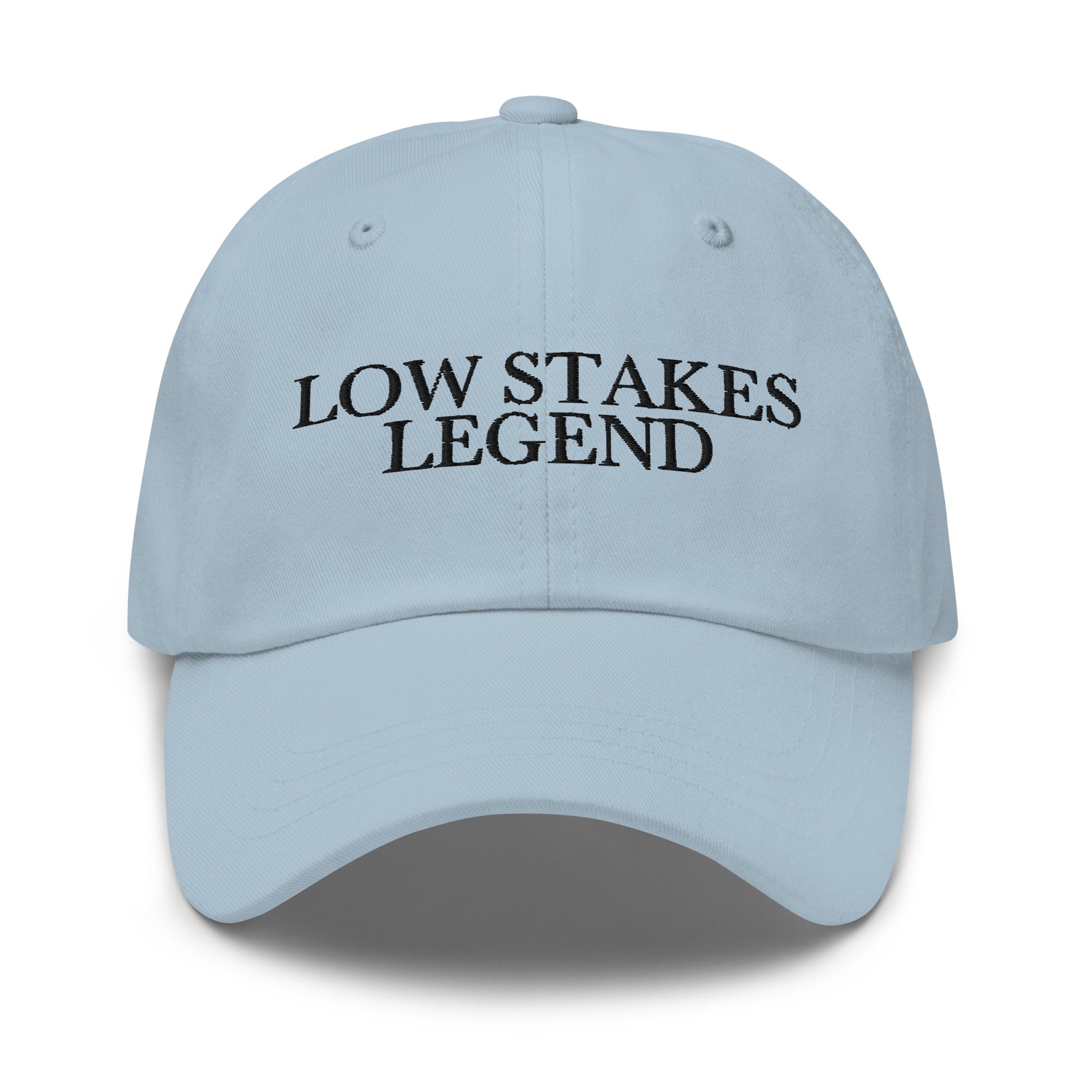 Low Stakes Legend embroidered baseball cap in Light Blue with black embroidery by White Boy Summer